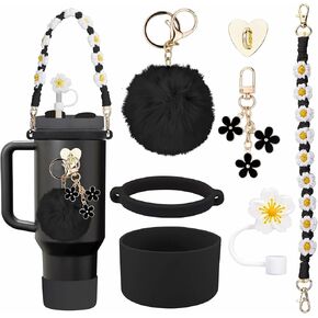 Compatible with Stanley Cup Accessories, 7pcs Tumbler Accessories for Stanley Cup 30/40 oz, Including Water Bottle Handle Strap, Cup Boot, Straw Cover, Plush Ball and Key Charm, Pink