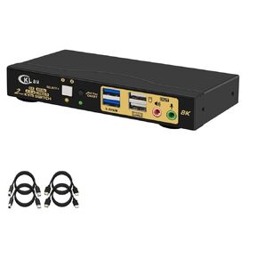 CKLau 2 Port 8K60Hz 4K144Hz HDMI KVM Switch with Cables, Audio, Microphone, and 2 pcs USB 3.0 Peripheral Hub for Keyboard Mouse 2 Computers Sharing One Monitor