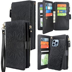 Harryshell Compatible with iPhone 13 Pro Max 6.7 inch 5G 2021 Wallet Case Detachable Magnetic Cover Zipper Cash Pocket Multi Card Slots Holder Wrist Strap Lanyard Floral Flower (Light Brown)