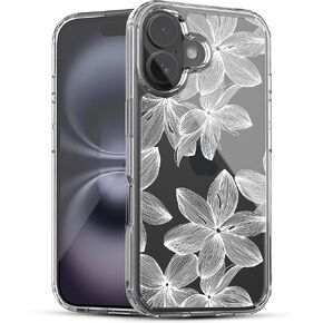 Ranz Case for iPhone 16, Anti-Scratch Shockproof Series Clear Hard PC+ TPU Bumper Protective Cover Case for iPhone 16 (6.1") - White Flower