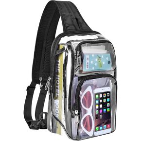 Clear Backpack Stadium Approved with Adjustable Reinforced Straps, 3 in 1 Clear Crossbody Bag for Festivals and Games (Plus size)-Black