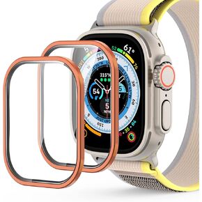 واقي شاشة AGVEE مكون من قطعتين لساعة Apple Watch Ultra 2nd 1st 49 مم، زجاج مقسى 9H مع غطاء إطار من سبائك الألومنيوم من التيتانيوم، فيلم iWatch الأصلي حساس للمس، برتقالي