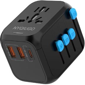 NYQIUGO Universal Travel Adapter, PD20W International Power Adapter, 1 USB-C & 2 USB-A Fast Charging Travel Charger, All in One Worldwide Travel Plug Adapter, Outlet Adapter for Europe EU UK USA AU