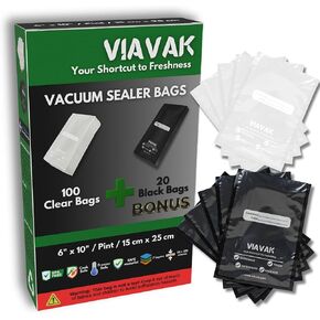 VIAVAK (8x12 Inch) Vacuum Sealer Bags for Food | 100 Clear + 20 Bonus Black | 7-Layer Commercial Grade, BPA-Free, Writable Surface for Content & Date, Heavy Duty for Food Storage & Sous Vide