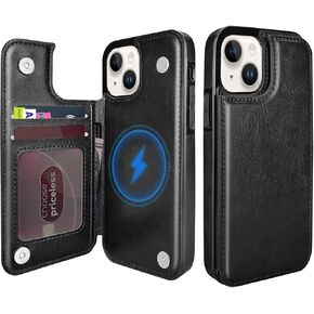 TopPerfekt Wallet Case for iPhone 12 and 12 Pro 6.1", Compatible with MagSafe, Wireless Charging, Leather Card Holder Kickstand Protective Cover Magnetic Phone Flip Case-Black