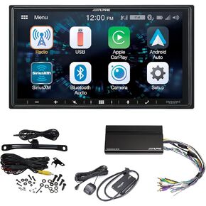 Alpine iLX-W650 Digital Multimedia Receiver with CarPlay and Android Auto Compatibility, a License Plate Mount Camera a KTA-450 4-Channel Power Pack Amplifier & Satellite Radio Tuner Kit