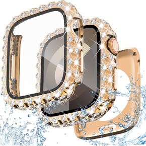 NewWays 2 in 1 Waterproof Bling Case 40mm for Apple Watch Screen Protector SE Series 6 5 4, Lace Full Glitter Diamond Rhinestone Bumper Face Cover for iWatch Women 40 mm, Pink