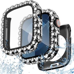 NewWays 2 in 1 Waterproof Bling Case 40mm for Apple Watch Screen Protector SE Series 6 5 4, Lace Full Glitter Diamond Rhinestone Bumper Face Cover for iWatch Women 40 mm, Pink