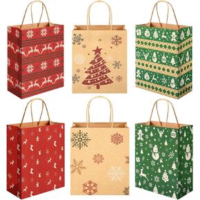 24pcs Christmas Gift Bags Bulk with Handle, Christmas Kraft Paper Wrapping Bags Christmas Goody Bags for Christmas Party Favors Holiday Gift Bags