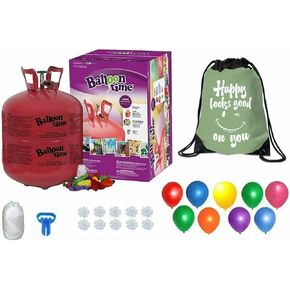 Helium Tank with 50 Balloons and White Ribbon + 12 Silver Balloon Weights + Plus Balloon Tying Tool and Flower Clips