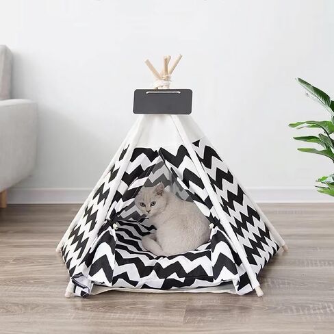 Dog Bed Tent,Portable Pet Tent for Cats or Small Dogs,Removable & Washable,Indoor Dog House with Thick Cushion,Cat Tents for Indoor Cats,Soft,Cozy,Pet Teepee,Dog Cabana Outdoor(White&Black) in Kuwait