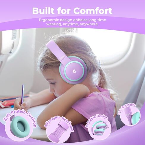 iClever BTH26 Active Noise Cancelling Headphones for Kids, 60H Playtime | SafeSound Tech 3.1, USB C Fast Charging, Bluetooth5.4, Kids Bluetooth Headphones, with Mic AUX Cord for iPad Airplane, Purple in Kuwait