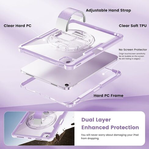 INFILAND Case for iPad Air 11 Inch M2(2024), iPad Air 5th/4th Generation 10.9 Inch, iPad Pro 11 Inch, Glitter Clear Dual Layer Protection with Hand Strap & Rotating Kickstand (Light Purple) in Saudi Arabia