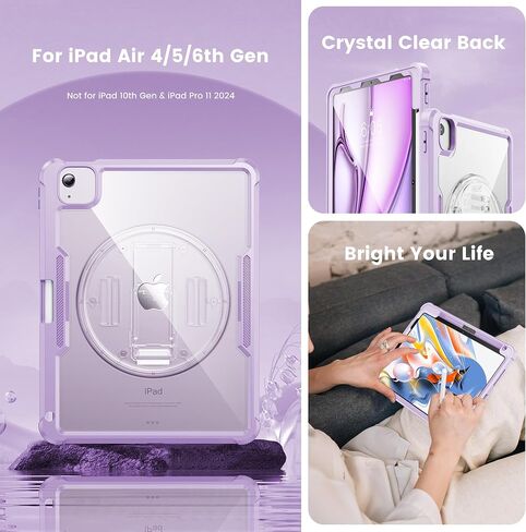 INFILAND Case for iPad Air 11 Inch M2(2024), iPad Air 5th/4th Generation 10.9 Inch, iPad Pro 11 Inch, Glitter Clear Dual Layer Protection with Hand Strap & Rotating Kickstand (Light Purple) in Saudi Arabia