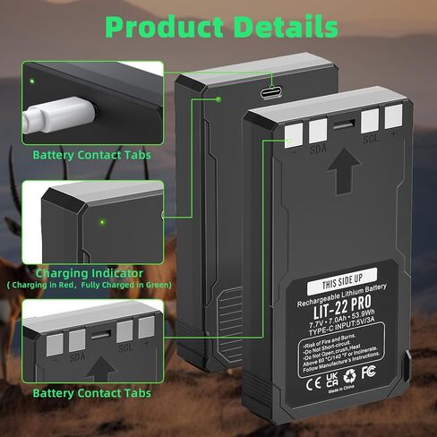 E EGOWAY 2-Pack 7000mAh Lit-22 بطاريات قابلة للشحن لكاميرا الصيد، متوافقة مع سلسلة Flex - Flex-M، Flex G-36، Flex-Plus، Flex-S، LIT-22 استبدال حزمة البطارية in Kuwait