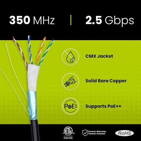 TrueCABLE Cat5e خارجي، 1000 قدم، مقاوم للماء، تصنيف CMX للدفن المباشر، أسود 24AWG من النحاس الصلب العاري، 350 ميجا هرتز، PoE++ (4PPoE)، مدرج في قائمة ETL، UTP غير محمي، كابل إيثرنت مجمع in Kuwait