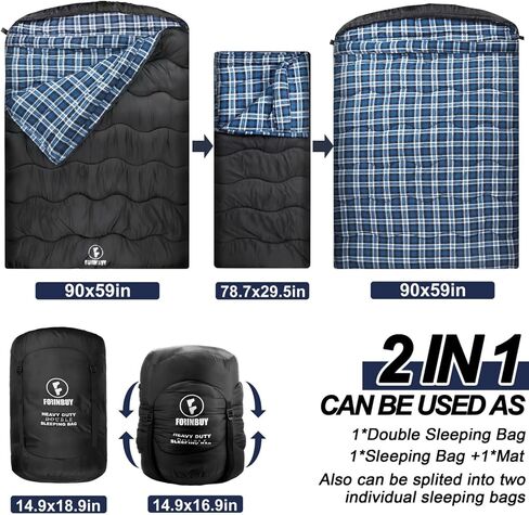 Winter Cotton Double Sleeping Bag,Queen Size Flannel Sleeping Bag for Adults, Cold Weather Waterproof Warm 2 Person Sleeping Bag for Couples or Family Camping, RV Travel in Kuwait