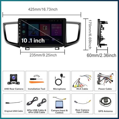 راديو سيارة UNITOPSCI 2G+64G Android 13 لسيارة Honda Pilot 2016-2019 Wireless CarPlay Android Auto، 10.1 بوصة 1080P شاشة لمس ستيريو للسيارة مع بلوتوث/GPS/WiFi/FM/RDS/28 UI + كاميرا احتياطية AHD/SWC/ميكروفون in Kuwait