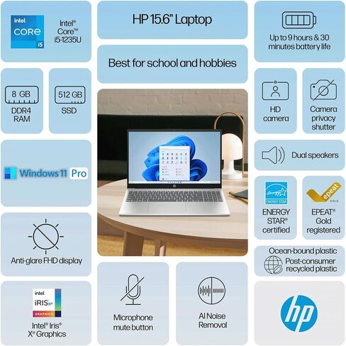كمبيوتر محمول HP 15.6 بوصة FHD مع ترخيص Microsoft Office السنوي، معالج Intel Core i5-1235U، ذاكرة الوصول العشوائي 16 جيجابايت، 1 تيرابايت SSD، Windows 11 Pro، Wi-Fi6، بلوتوث، HDMI، Type-C، Skyerd 128 جيجابايت NVMe Portable SSD، فضي in Saudi Arabia