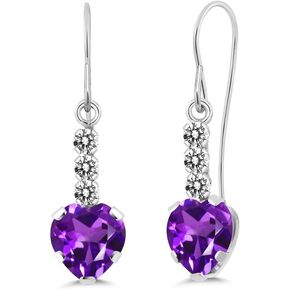 Gem Stone King 14K White Gold Purple Amethyst and White Diamond French Wire Dangle Hook Earrings For Women (1.68 Cttw, Gemstone February Birthstone, Heart Shape 6MM)