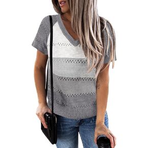 Womens Short Sleeve Sweater Tops V Neck Knit Pullover Shirt Lightweight 2023 Fall Crochet Trendy Soft Tee