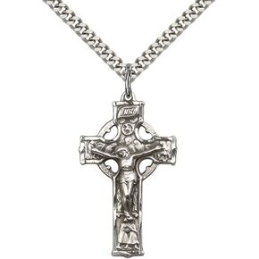قلادة F A Dumont Sterling Silver Celtic Crucifix مع 24 بوصة من الفولاذ المقاوم للصدأ الثقيل المجعد.