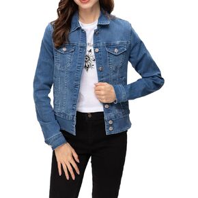 Women’s Basic Button Down Denim Jacket, Casual Long Sleeve Fitted Jean Jacket with Pockets