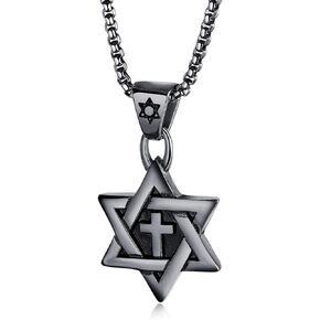 Star of David Six Pointed Megan Cross Pendant Necklaces for Boys Men or Women Stainless Steel Chain 24 Inch