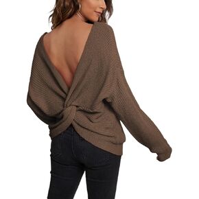 ALENDA DANMOS Women V Neck Criss Cross Twisted Back Sweaters Long Batwing Sleeve Cropped Tops Off Shoulder Sweater 53