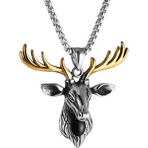 HZMAN Men'S Stainless Steel Pendant Vintage Deer Head Reindeer Necklace 22+2 Iinch Chain（Silver）