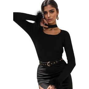 المرأة مثير قارب الرقبة معلقة متماسكة طويلة الأكمام قميص فروي ريشة مكبل غير النظامية هيم أسفل قميص عادية in Kuwait