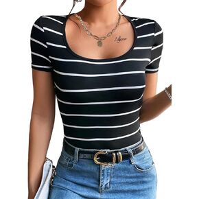 LilyCoco Womens Crew Neck Striped Tops Short Sleeve Basic Slim Tee Shirts