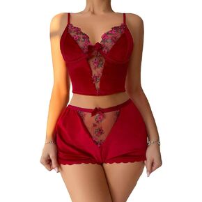 WDIRARA Women's Floral Embroidery Mesh Bow Front Lingerie Pajama Set Cami Top and Shorts Set