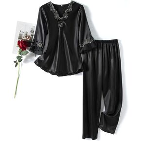 Womens Satin Pajamas Set Two-piece Classic Sleepwear 3/4 Long Sleeve V-Neck with Lace Pj Set