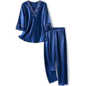 Womens Satin Pajamas Set Two-piece Classic Sleepwear 3/4 Long Sleeve V-Neck with Lace Pj Set