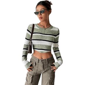 Verdusa Women's Striped Long Sleeve Round Neck Asymmetrical Knit Crop Sweater Top