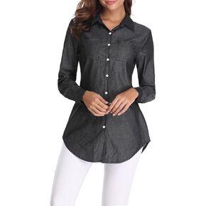 Fuinloth Women's Chambray Button Down Shirt, Long Sleeve Cotton Blouse, Long Jeans Tunic Top Black Medium