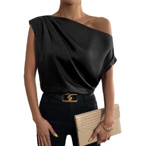 WDIRARA Women's One Shoulder Ruched Short Sleeve Satin Blouse Elegant Asymmetrical Neck Top