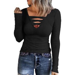 LYANER Women's Casual V Neck Cutout Long Sleeve Slim Fitted Blouse Shirt Top