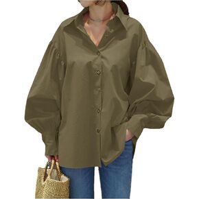 LYANER Women's Collar V Neck Lantern Long Sleeve Blouse Button Dwon Loose Shirt Top