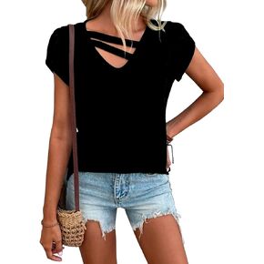 Womens Petal Sleeve Tops Summer Short Sleeve V Neck Cut Out Tee Sexy Casual Basic T Shirts Blouses