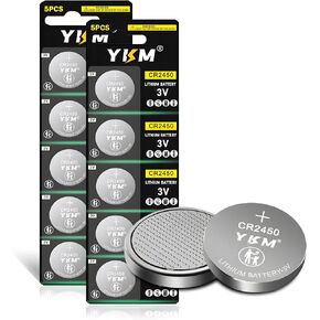 YKM CR2450 Battery Replacement for Car Remote Key Fob Watch Scale Garage Door Opener CR2450 3V Lithium Battery 5 Pack