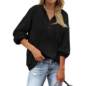 Saloogoe Hoodies Lightweight V Neck Sweatshirts Long Sleeve Shirts Loose Fit Sweaters S-2XL in Kuwait