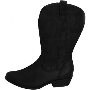 Wide Calf Western Cowboy Cowgirl Boots for Women or Ladies, Mid Calf, Vegan Leather Embroidered Upper, Low Heel, Pointed-toe, Inside Zipper