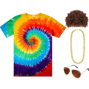 4 Pcs Halloween Hippie Costume Set for Women Men,Tie Dye T Shirt Hippie Wig Necklaces Sunglasses for 60s 70s Party