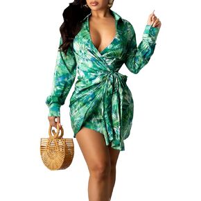 Women's Sexy Faux Wrap V Neck Collar Long Sleeve Mini Shirt Dress Casual Loose Blouses