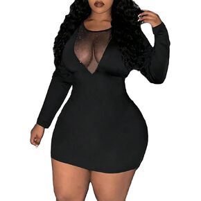 MakeMeChic Women's Plus Size Mesh Dress Party Deep V Neck Long Sleeve Pencil Bodycon Mini Short Dress