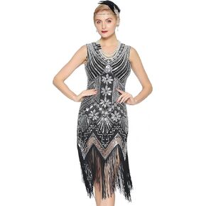 Metme Women's Flapper Dress 1920s V Neck Beaded Fringed Gatsby Theme Roaring 20s Dress for Prom