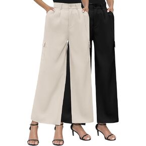 Riyiper 2 Pack Women Casual Palazzo Pants High Waisted Wide Leg Cargo Pants Business Work Trousers with 4 Pockets