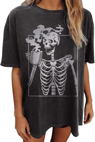 تي شيرت Y2K Moon Skull Skeleton كبير الحجم للهالوين برسومات مضحكة عتيقة للنساء من Casua ملابس علوية فضفاضة... in Kuwait